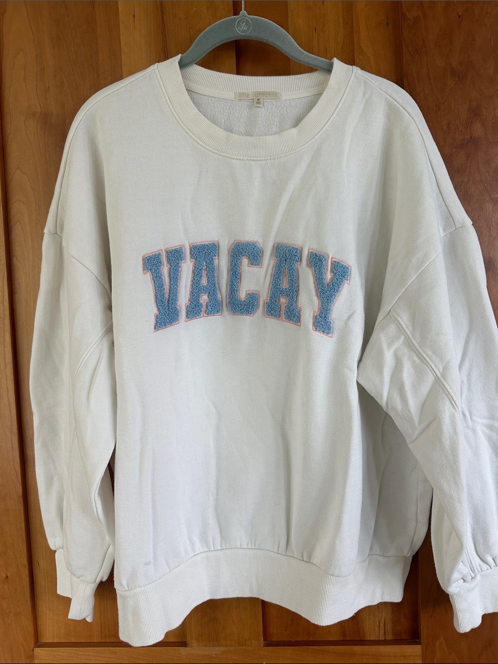 Z Supply Cream Crewneck Sweater with Blue 'VACAY' Appliqué and Pink Trim